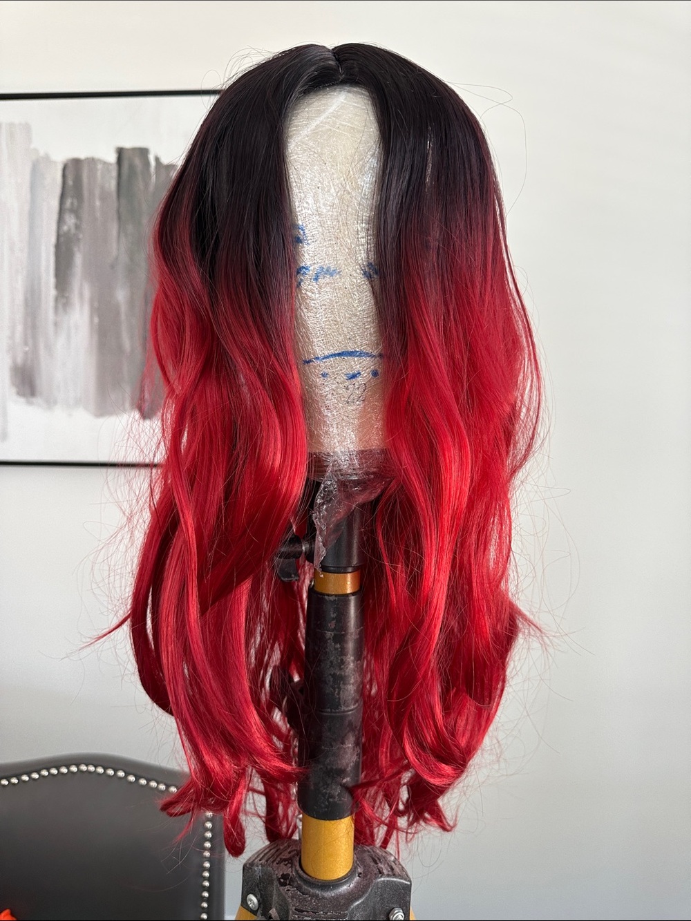 Long Curly Black Red Womens Wig Wavy Ombre